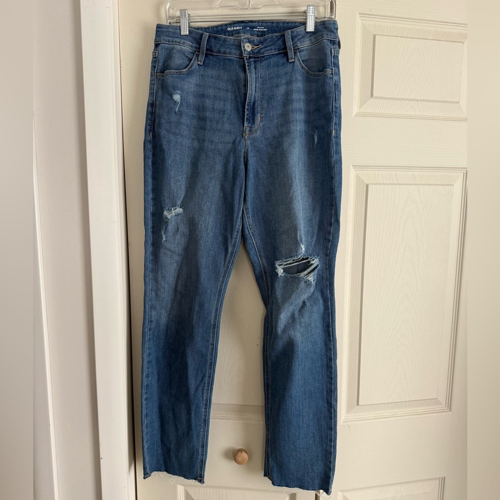 Old Navy High Rise WOW Distressed Blue Straight Leg Jeans
